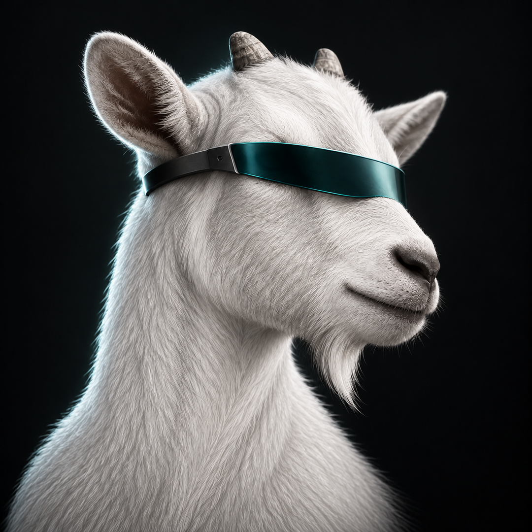 White GOAT RV goat wearing a slim teal visor